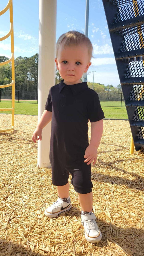 Baby Bamboo Polo Romper - Black