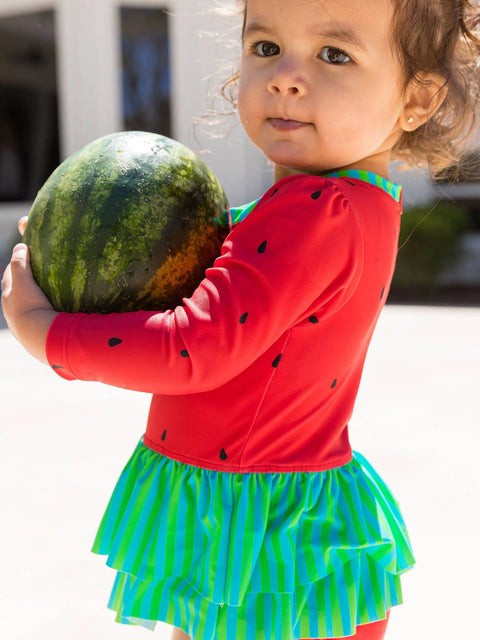 Long Sleeve Skirted One Piece Rash Guard Swimsuit - Watermelon
