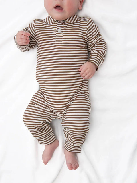 Chocolate Stripe Bamboo Long Sleeve Polo Romper