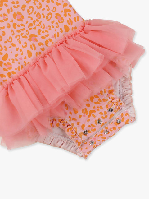 Baby Girls Long Sleeve Tulle Skirted One Piece Rash Guard Swimsuit - Pink Leopard