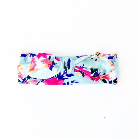 Aqua Floral Bamboo Topknot Headband