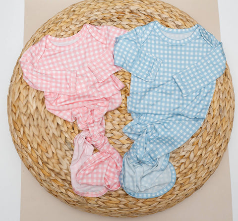 Baby Blue Gingham Bamboo Knotted Infant Gown