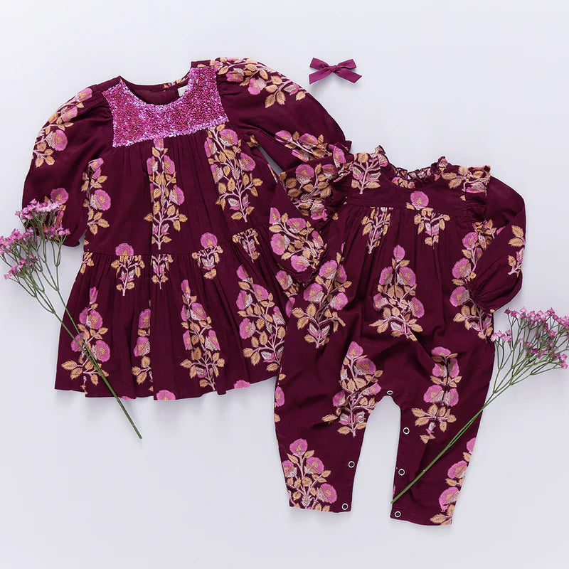 Baby Girls Kalani Jumper - Burgundy Bouquet Floral - Pink Chicken