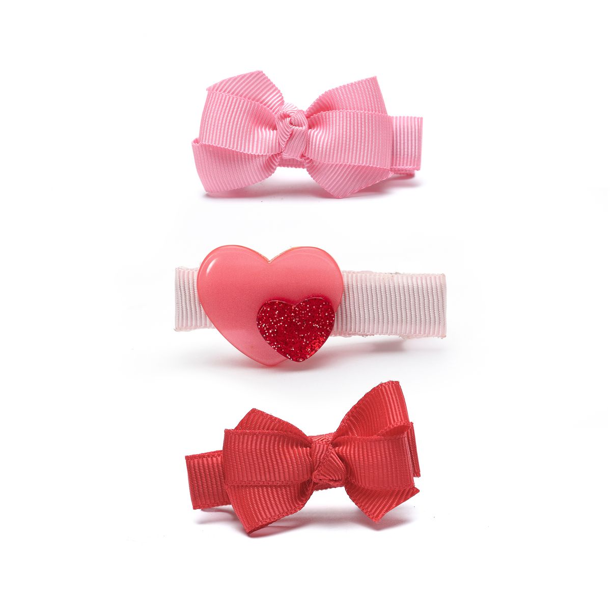 Baby Heart Double & Fabric Bow Red Pink Hair Clips - Lilies & Roses NY