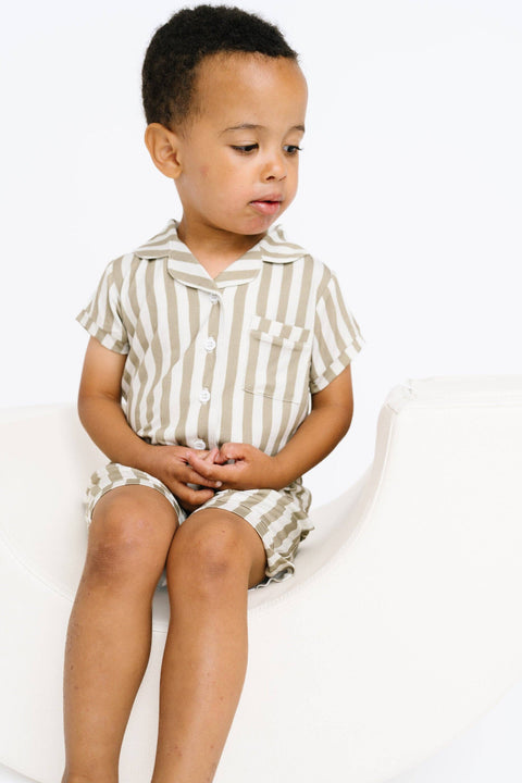 Olive Stripe Bamboo Button Up Short Set