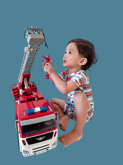 Baby Bamboo Shortie Romper - Firetruck Frenzy