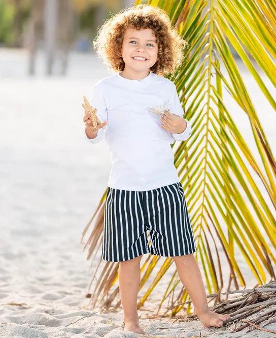 RuffleButts and RuggedButts Black and White Striped Boys Swim Trunks