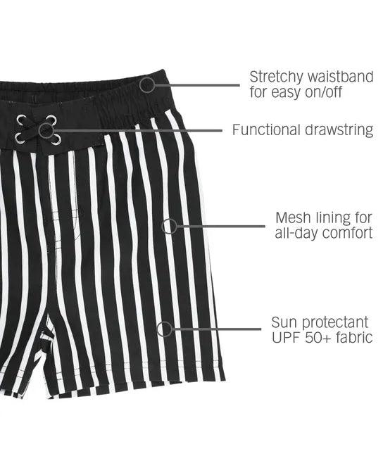 RuffleButts and RuggedButts Black and White Striped Boys Swim Trunks