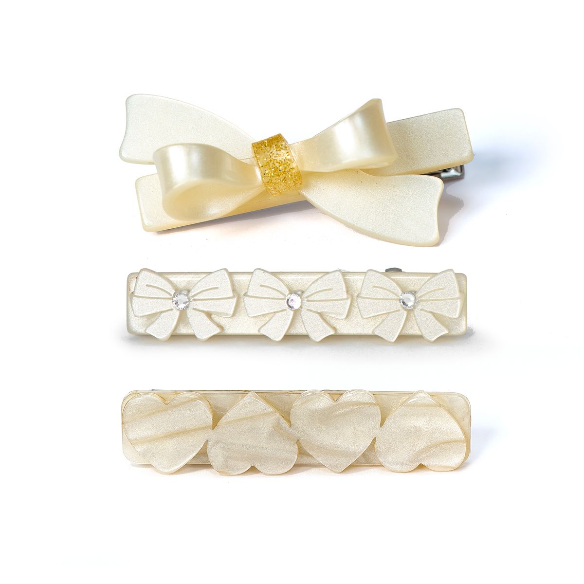 Bows & Hearts Pearl White Hair Clips - Lilies & Roses NY