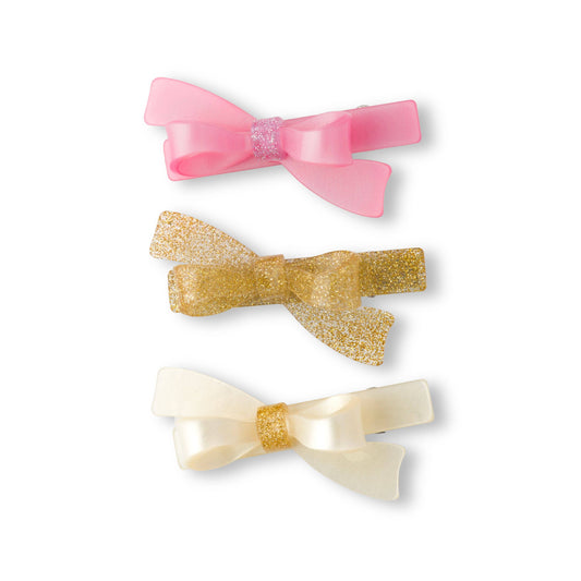 Bows Pink Glitter Gold & Pearl Hair Clips - Lilies & Roses NY