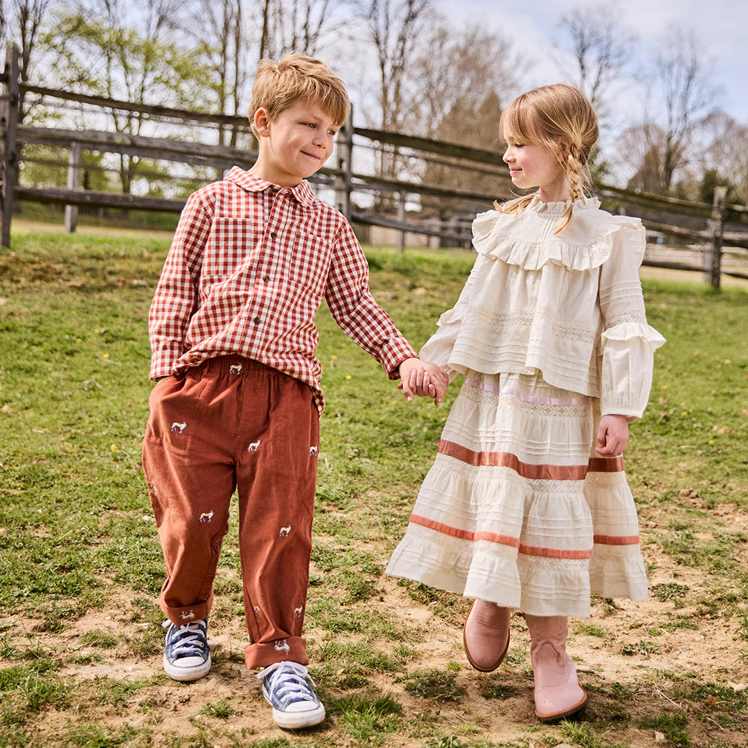 Boys Corduroy Jackson Pant - Dog Embroidery - Pink Chicken