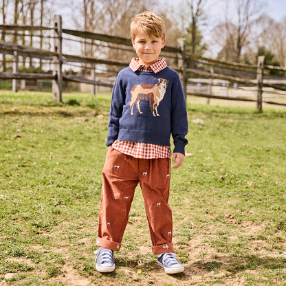 Boys Corduroy Jackson Pant - Dog Embroidery - Pink Chicken