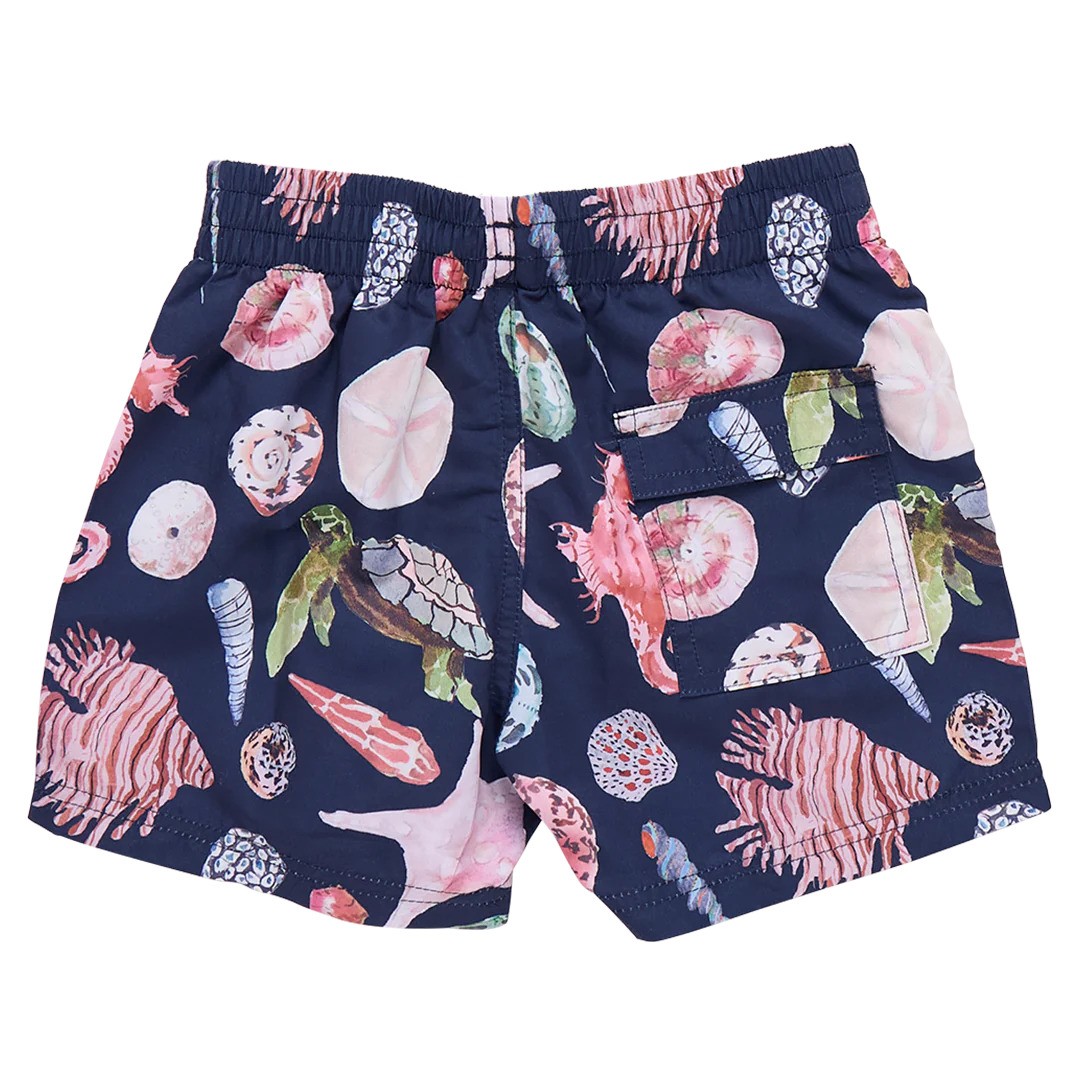 Boys Swim Trunk - Navy Watercolor Shells