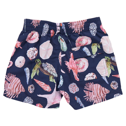 Boys Swim Trunk - Navy Watercolor Shells