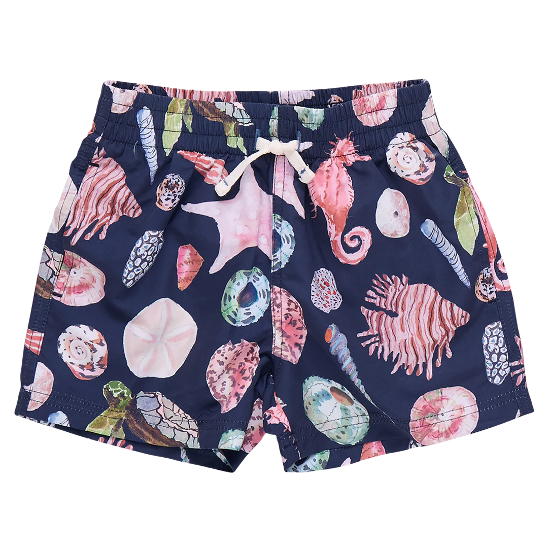 Boys Swim Trunk - Navy Watercolor Shells