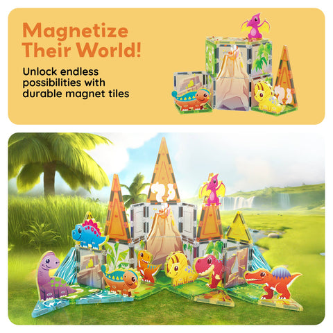 PicassoTiles Dinosaur Theme Magnetic Tile Building Set (38 Pieces)