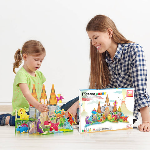 PicassoTiles Dinosaur Theme Magnetic Tile Building Set (38 Pieces)