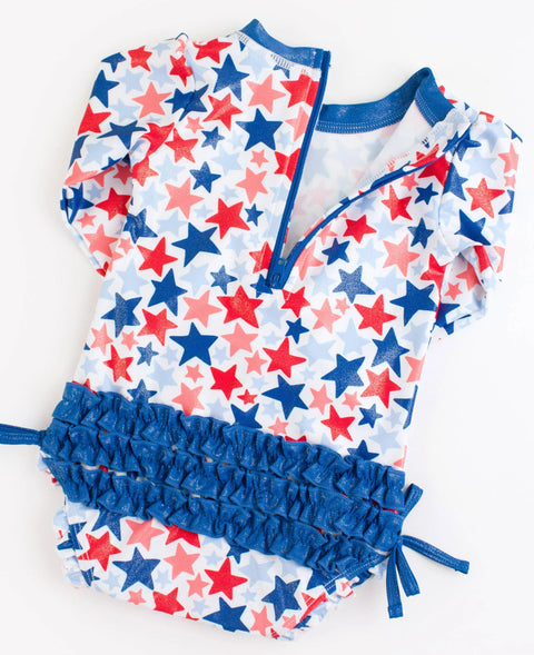 Long Sleeve One Piece Rash Guard Swimsuit - Shimmer Star-Spangled