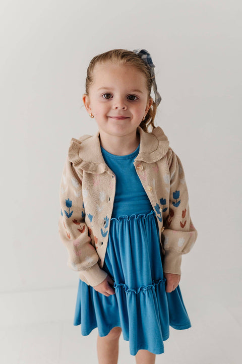 Girls Long Sleeve Double Tiered Dress in Stonewash