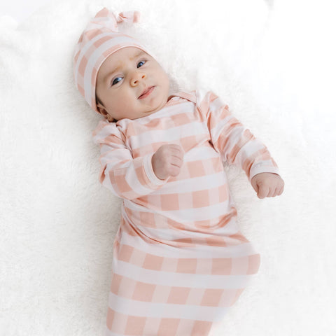Pink Gingham Baby Bamboo Gown & Hat Gift Set