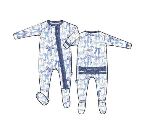 Blue Bow Bamboo Ruffle Zipper Footie for Baby Girls