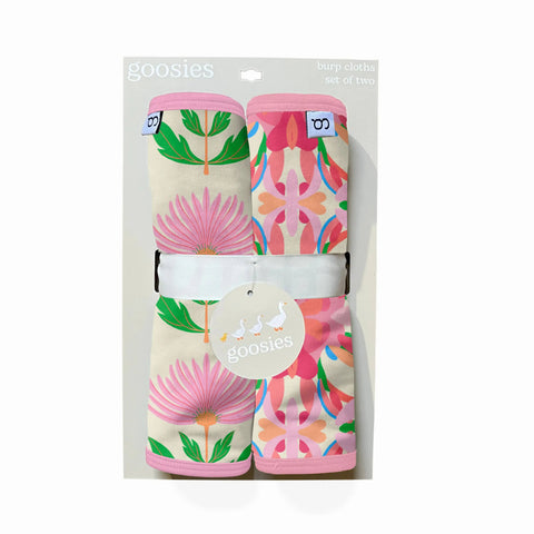 Pink Block Print Flowers Burp Cloth Set