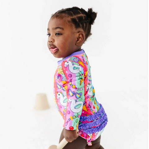 Cosmic Candyland Long Sleeve Ruffle Swimsuit