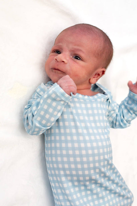 Baby Blue Gingham Bamboo Knotted Infant Gown