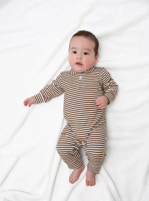 Chocolate Stripe Bamboo Long Sleeve Polo Romper