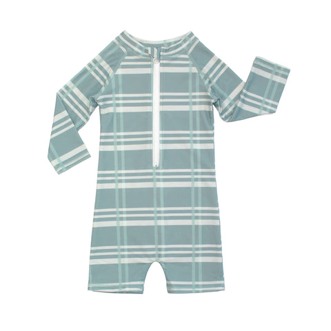 Blue Plaid Baby Boys One Piece Rash Guard Swimsuit