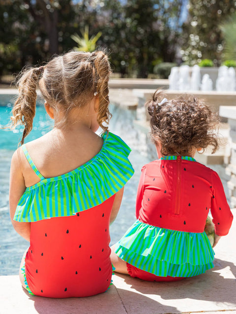 Long Sleeve Skirted One Piece Rash Guard Swimsuit - Watermelon