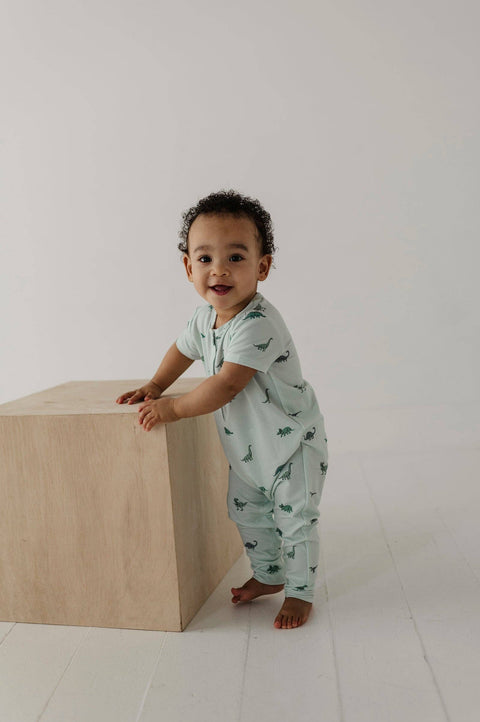 Short Sleeve Henley Romper in Dinosaur
