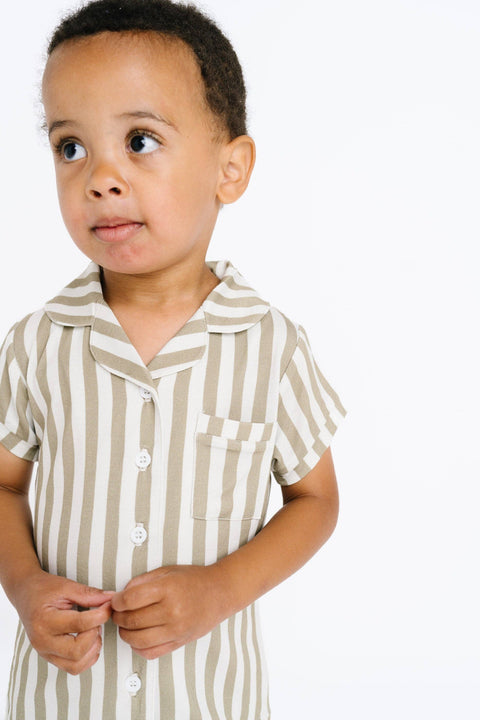 Olive Stripe Bamboo Button Up Short Set