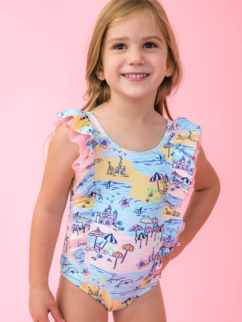Girls Waterfall One Piece Swimsuit - Beach Day