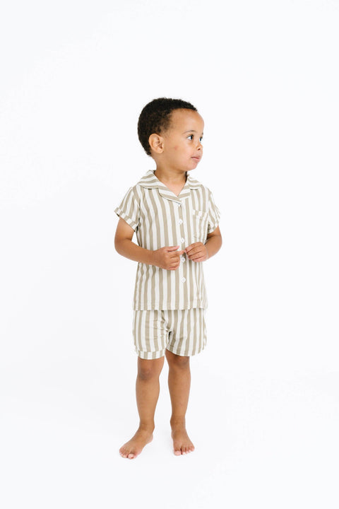 Olive Stripe Bamboo Button Up Short Set