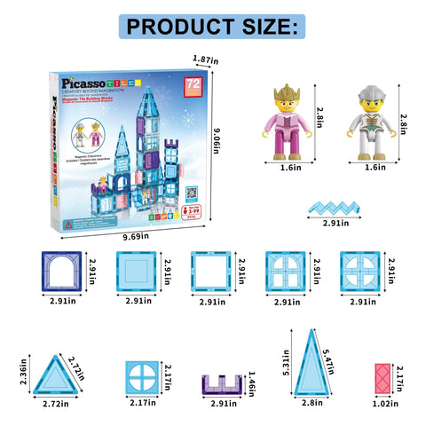 PicassoTiles Winter Ice Castle Magnetic Building Tile Set (72 Pieces)