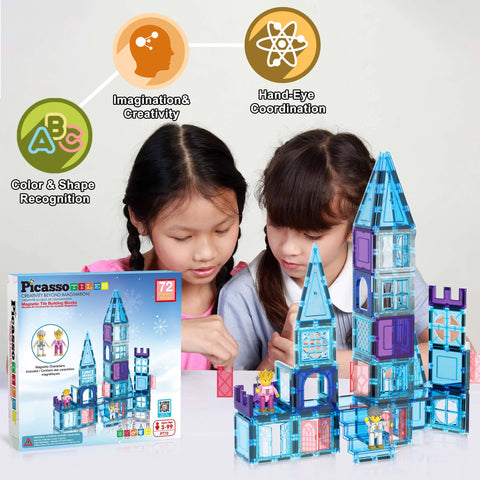 PicassoTiles Winter Ice Castle Magnetic Building Tile Set (72 Pieces)