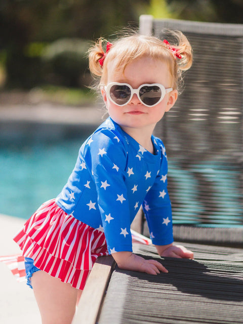 Long Sleeve Skirted One Piece Rash Guard Swimsuit - Shimmer Stars & Stripes