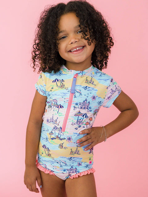 Girls Short Sleeve Half Zip Rash Guard One Piece Swimsuit - Beach Day