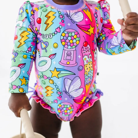 Cosmic Candyland Long Sleeve Ruffle Swimsuit