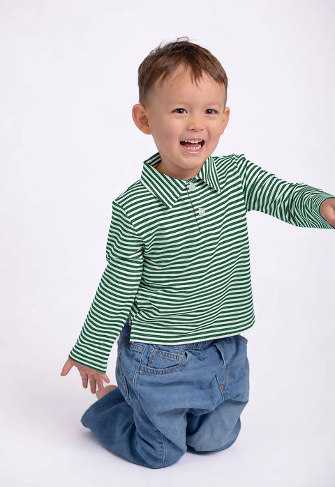 Green Stripe Bamboo Long Sleeve Polo Shirt