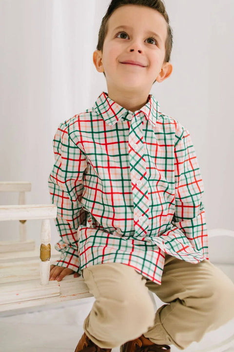 Boys Button Down Shirt - Holiday Plaid