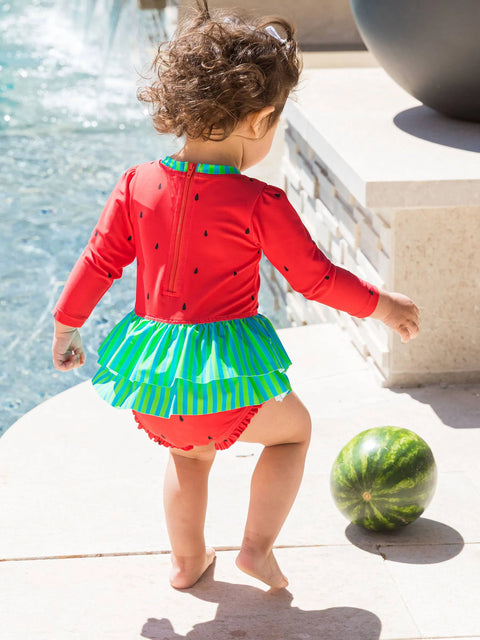 Long Sleeve Skirted One Piece Rash Guard Swimsuit - Watermelon