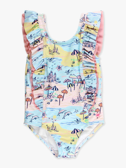 Girls Waterfall One Piece Swimsuit - Beach Day