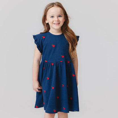 Girls Adaline Ruffle Dress - Apples Embroidery - Pink Chicken