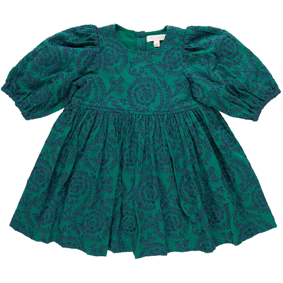 Girls Brooke Dress - Evergreen Blooming Embroidery - Pink Chicken