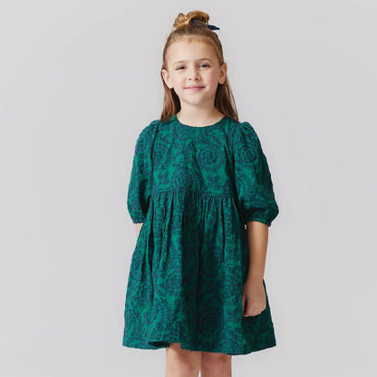 Girls Brooke Dress - Evergreen Blooming Embroidery - Pink Chicken