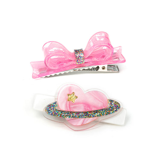 Heart Planet & Pearlized Pink Bow Hair Clips - Lilies & Roses NY