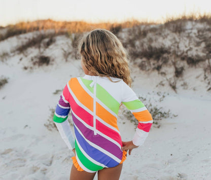 Kids Bright Neon Stripe Zip Rash Guard One Piece Swimsuit - Oopsie Daisy