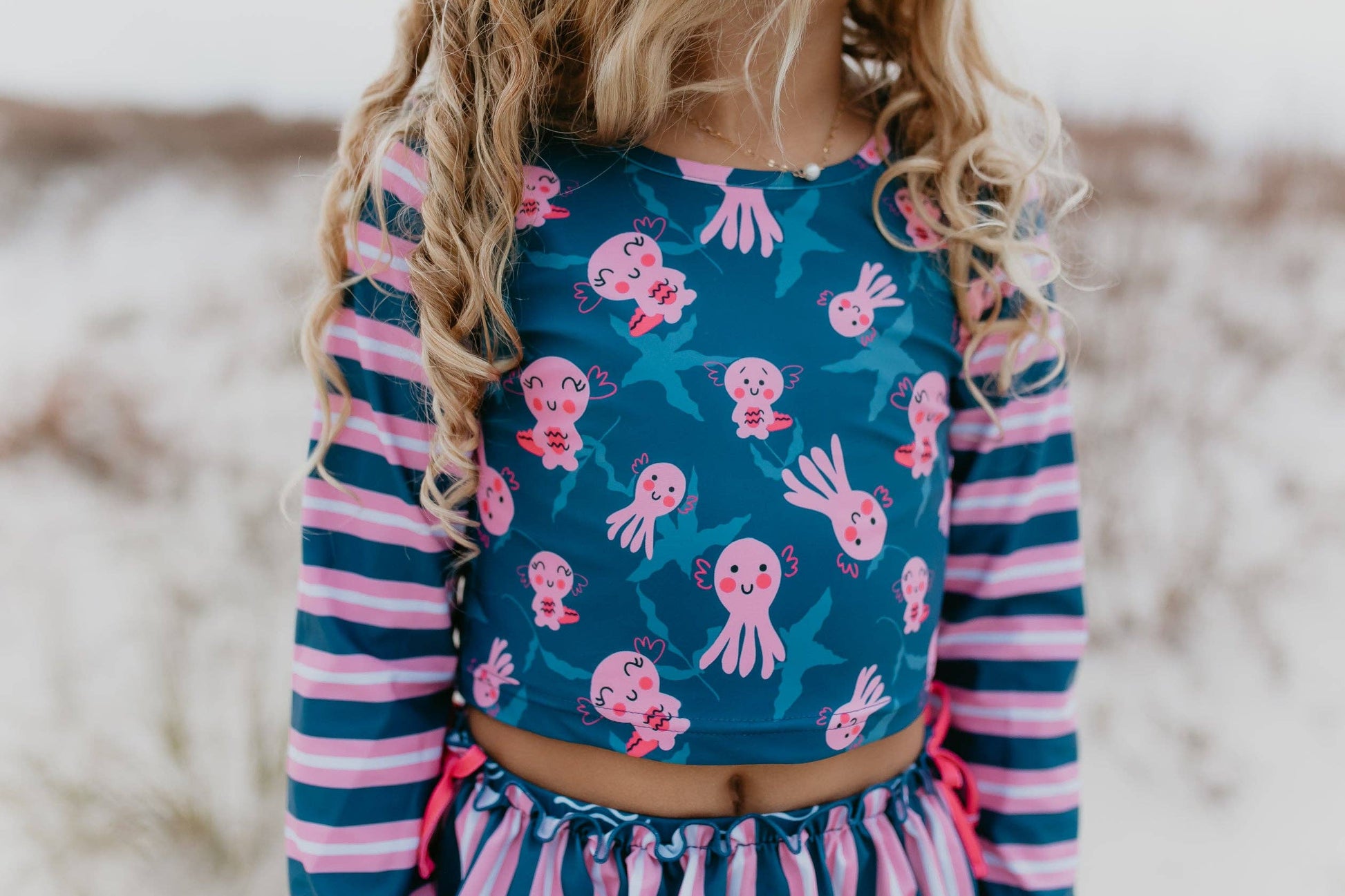 Kids Pink & Blue Axolotl Long Sleeve Rash Guard Swimsuit - Oopsie Daisy